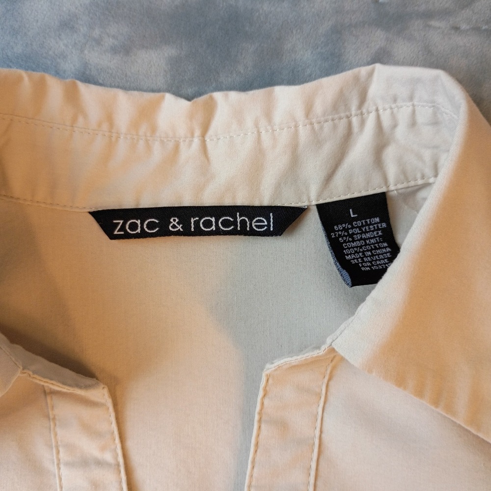 Zac & Rachel Womens Beige Pleated Front 3/4 Sleeve Button Down Shirt Large - Picture 2 of 8